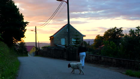 Frau-Geht-Mit-Ihrem-Hund-Bei-Sonnenuntergang-In-Einem-Nordspanischen-Dorf-Spazieren