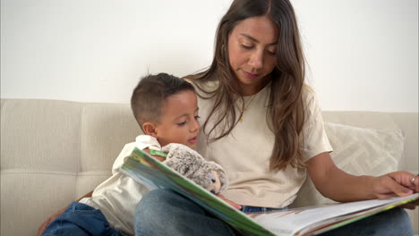 Zeitlupe-Einer-Mexikanischen-Lateinamerikanischen-Brünetten-Mutter-Und-Ihres-Sohnes,-Die-Zusammen-Auf-Einem-Sofa-Sitzend-Ein-Buch-Lesen