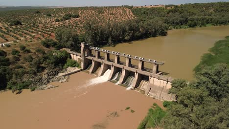 Aerial-view-of-a-hydroelectric-dam-on-the-Guadalquivir-river-with-birds-flying-in-front-of-the-camera