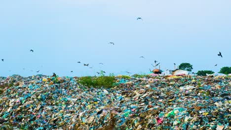 Pile-of-plastic-waste-on-a-Landfill-and-workers-sorting-the-trash-with-copy-space