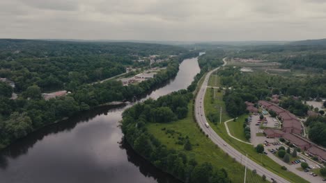 Magog-River-In-Sherbrooke,-Canada---Aerial-Drone-Shot