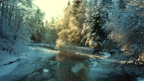 Das-Glühen-Des-Sonnenuntergangs-In-Der-Goldenen-Stunde-Breitet-Sich-Zwischen-Den-Bäumen-über-Dem-Fließenden-Fluss-Mit-Eisigen-Ufern-Und-Schnee-Aus