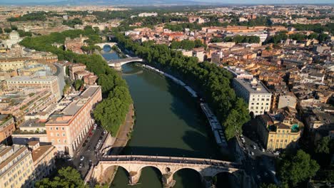 Cinematic-Establishing-Aerial-View-Above-Ponte-Sisto,-Tiber-River-in-Rome,-Italy