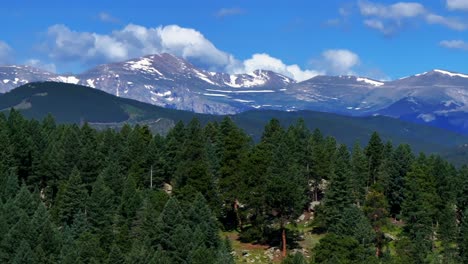 Frühling-Sommer-Mount-Blauer-Himmel-Evans-Luftdrohne-Parallaxe-Nadelbaum-Immergrün-Colorado-Rocky-Mountains-Landschaft-Norden-Turkey-Creek-Marshdale-Nationalwald-Offener-Raum-Schneeschmelze-Sonniger-Morgen-Linke-Bewegung