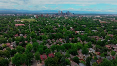 Summer-in-downtown-Denver-Colorado-aerial-drone-front-range-Rocky-mountain-peak-foothills-landscape-Flat-irons-Red-Rocks-city-skyscrapers-neighborhood-homes-blue-skies-clouds-upwards-motion