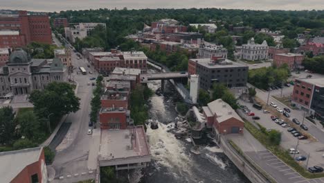 Magog-River-In-The-City-Of-Sherbrooke,-Canada---Aerial-Shot