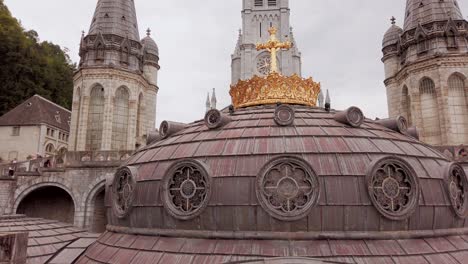 Dome-of-the-lower-Basilica-located-in-the-sanctuary-of-Lourdes,-Famous-pilgrimage-site-for-the-catholics