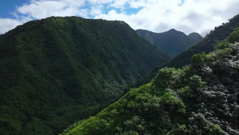 Grüner-Dschungel-Busch-Berge-Gipfel-Von-Teahupoo-Tahiti-Luftaufnahme-Drohne-Französisch-Polynesien-Punkt-Faremahora-Pass-Havae-Pazifischer-Ozean-Küsten-Kleinstadt-Bewölkt-Sonnig-Vorwärts-Schwenk-Nach-Oben-Enthüllen