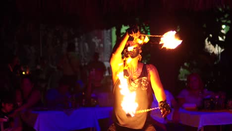 Latin-Mexican-male-maya-with-mask-performance-Close-up-of-night-show-fire-flames-chain-fireballs-at-Palenque-Chiapas-Mexico