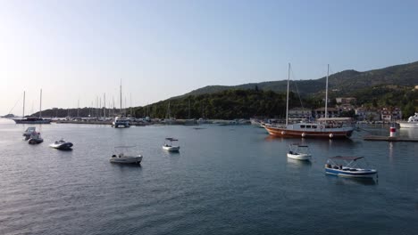 Aerial-of-Syvota-Marina-Bay-full-of-Boats,-Limenas-Mourtos,-Greece