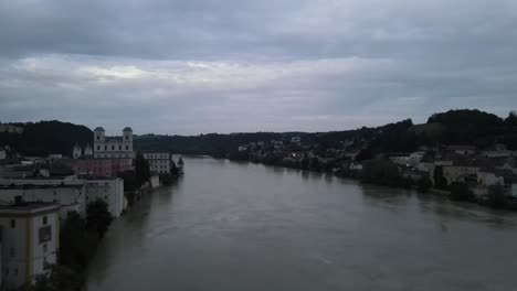 Aerial-flight-over-flooded-river-Inn-Passau-high-tide-South-Germany