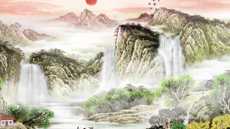 Fantasía-Ambiente-Brillante-Estilo-Chino-Tinta-Estética-Paisaje-Cascada-Animación-Del-Hermoso-Cielo-Matutino,-Montañas,-Flores,-Lago,-Casa-Antigua-Con-Anime-Chino-Japonés-Estilo-Acuarela