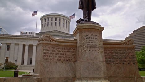 President-William-McKinley-statue-in-front-of-the-Ohio-State-Capitol-building-in-Columbus,-Ohio-with-gimbal-video-moving-around