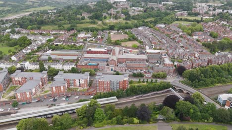 Aerial-view-of-HM-Prison-capturing-the-historic-architecture-in-Exeter,-Devon,-UK