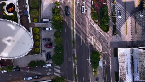 Flying-over-congested-Santa-Fe-Avenue-and-roundabout-in-Mexico-City