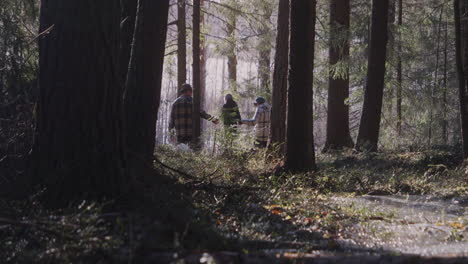 Happy-multi-generational-family-and-dog-walk-together-in-old-beautiful-pine-forest-in-Finland,-springtime