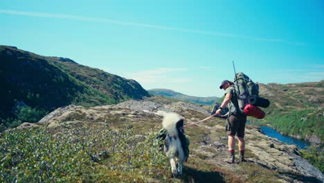 Man-And-His-Alaskan-Malamute-Pet-Hiking-In-Indre-Fosen,-Norway---Wide-Shot