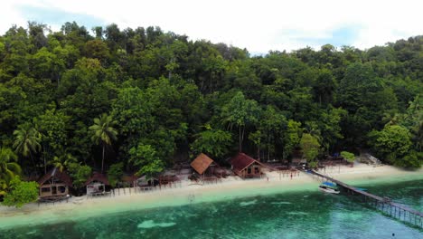 Luftaufnahmen-Zeigen-Eine-Ruhige-Tropische-Küste-Mit-üppigen-Grünen-Wäldern-Und-Rustikalen-Holzhütten-Am-Strand