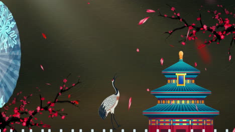 Peaceful-nature-Chinese-style-forbidden-ancient-city-national-trend-elements-landscape-ink-Painting-of-beautiful-calm-trees,-flowers,-lake,-water,-birds,-blue-sky,-boat,-cherry-blossoms-season