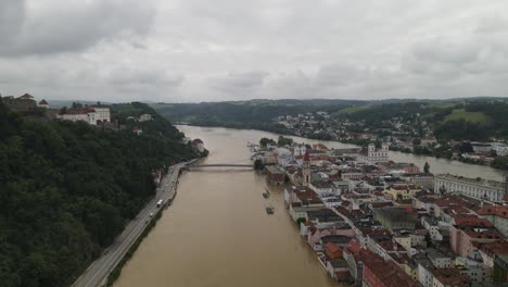 Passau-Marea-Alta-Inundada-Vista-Aérea-Del-Río-Danubio-Inn-Austria-Inundación