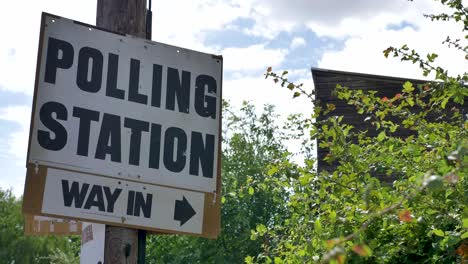 UK-polling-station-sign-hanging-from-street-post-with-foliage-in-the-background