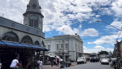 Brazil,-Pará:-Panorama-of-the-commercial-activity-around-the-Ver-O-Peso-Market,-showcasing-the-bustling-stalls,-vibrant-vendors,-and-lively-atmosphere