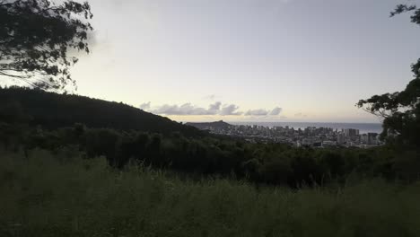 A-tranquil-view-of-Honolulu-at-twilight,-showcasing-the-city-skyline-and-Diamond-Head-against-a-softly-lit-sky,-framed-by-lush-greenery-and-trees