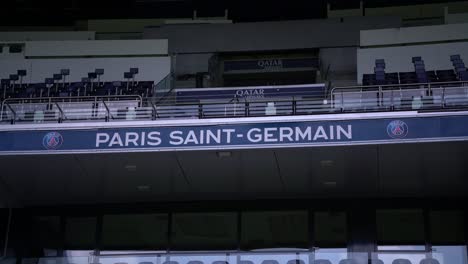 Upper-seats-at-Parc-des-Princes-Soccer-stadium-home-of-Paris-Saint-Germain-Football-team-with-Qatar-Airways-logo,-Looking-up-shot