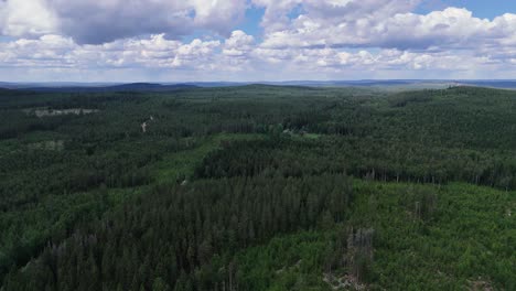 Expansive-view-of-lush-green-forests-under-a-partly-cloudy-sky-in-Sweden,-aerial-shot