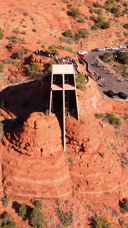 Sedona,-Arizona-USA,-Vertical-Aerial-View,-Chapel-of-Holy-Cross-Landmark-and-Visitors