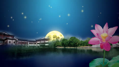 Fantasy-bright-ambience-landscape-of-beautiful-style-moon,-lotus-pond,-morning-sky,-mountains,-flowers,-lake,-ancient-house-with-simple-animation-in-Japanese-Chinese-anime-watercolour-style