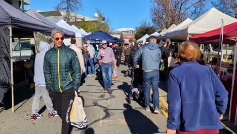 Slow-motion-landscape-view-of-people-shopping-at-the-Oakdale-Morning-Farmers-Markets-Stanislaus-County-California-USA-produce-food-stalls-community