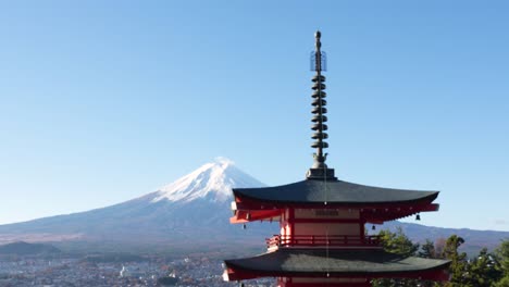 Monte-Fuji-Detrás-De-La-Pagoda-Chureito-En-Japón-En-Un-Día-Claro-Y-Soleado