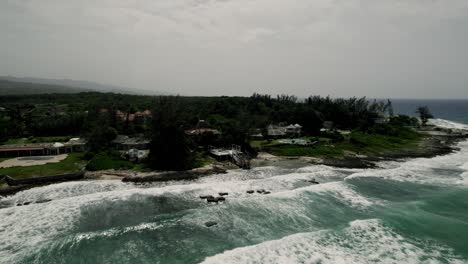 Panning-aerial-tropical-beach-shot-of-blue-sky-turquoise-water-in-st