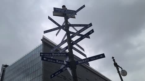 Sister-Cities-of-Los-Angeles,-Signs-With-Directions-and-Distance,-Low-Angle-View,-California-USA