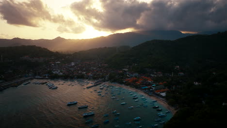 Sunset-Scenery-At-Padang-Bai-Beach-In-Bali,-Indonesia---Aerial-Shot