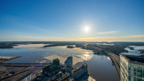 Time-lapse-panning-in-front-Kulosaari-and-sea,-serene,-spring-day-in-Helsinki