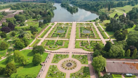 Aerial-View-Of-Geometric-Garden-Landscapes-Of-Italian-Garden-Trentham-In-Stoke-on-Trent,-England,-UK