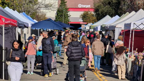 Crowd-of-people-shopping-in-open-air-market-in-Oakland,-California,-USA