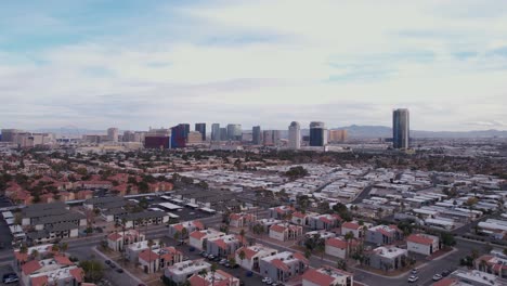 Las-Vegas,-Nevada-USA,-Aerial-View-of-Strip-Towers-From-Spring-Valley-West-Neighborhood,-Drone-Shot