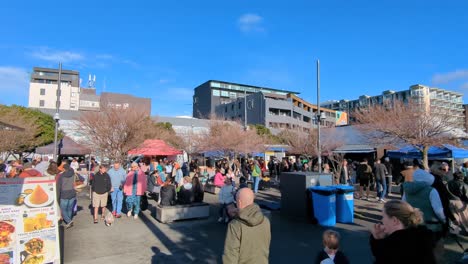 Busy-crowds-of-people-visiting-the-weekend-fruit-and-vegetable-market-for-fresh-groceries-in-capital-city-of-Wellington,-New-Zealand-Aotearoa