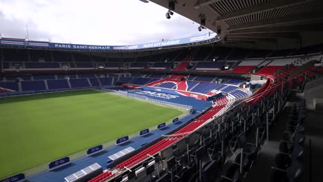 Soccer-stadium-empty-side-seats-at-Parc-des-Princes-home-of-Paris-Saint-Germain-Football-team,-Aerial-lowering-left-shot