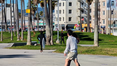 People-passing-by-in-the-palm-tree-park-of-the-Venice-Beach-on-a-beautiful-sunny-day,-slow-motion,-pedestrians,-surfer,-skater