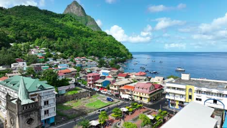 Downtown-Soufriere,-Saint-Lucia-with-reveal-of-Petit-Piton