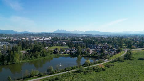 A-beautiful-shot-of-Langley-City,-showing-the-lake,-the-trees-and-the-mountains