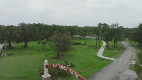 An-aerial-drone-view-of-damage-to-Bay-Area-Park-due-to-Hurricane-Beryl-in-Pasadena,-Texas