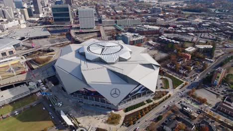 Drone-shot-of-Mercedes-Benz-Stadium-street-view-and-neighbourhood-landscape