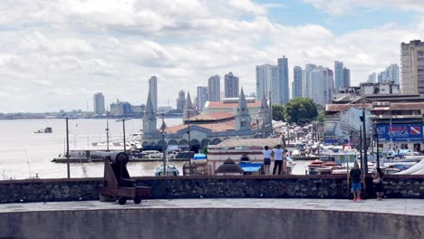 Brazil,-Pará:-Panoramic-view-of-Belém-filmed-from-Forte-do-Presépio,-capturing-the-expansive-cityscape-and-historic-landmarks