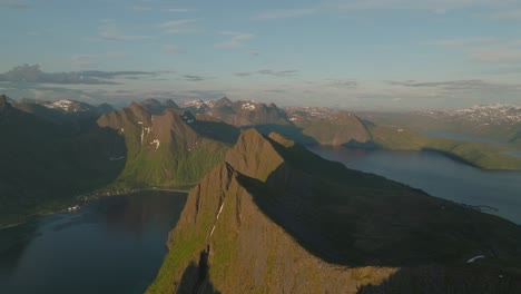 Breathtaking-aerial-view-of-Senja's-Husfjellet-hike-at-sunset