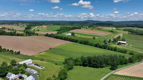 Luftflug-über-Hügelige-Landwirtschaftliche-Felder-Mit-Muster-Mit-Bebauten-Feldern-Im-Sommer